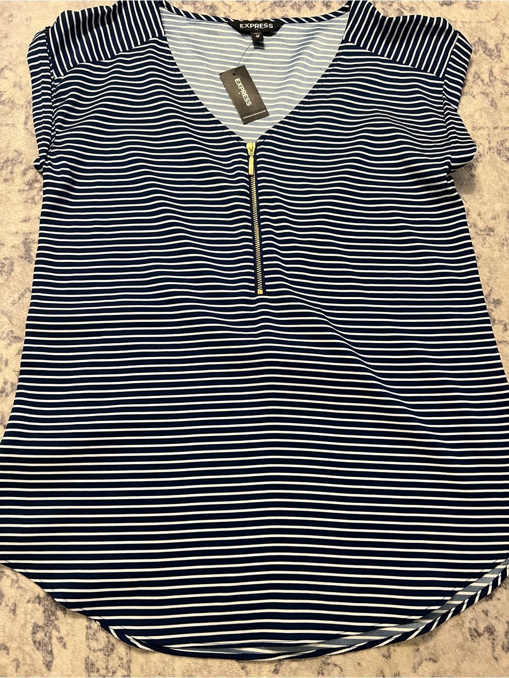 Express Women's Navy & White Striped Zip V-Neck Top